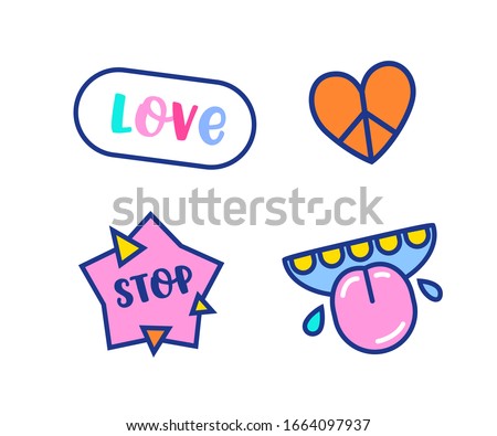 Cartoon Elements Anti Bullying and Friendship Concept Isolated on White Background. Piece Hippie heart, Love Badge, Star with Word Stop, Open Mouth with Tongue and Teeth. Icons Set Vector Illustration