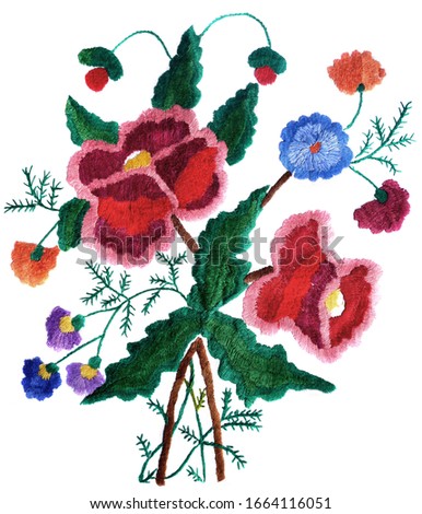 Embroidered flowers on the fabric. Ukrainian folk hand embroidery. On white background. Isolated
