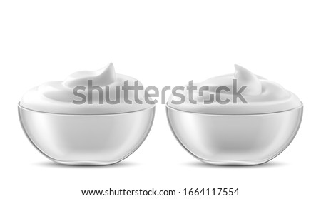 Bowl with sauce, cream, mayonnaise or yogurt. Glass cup with fresh dairy product, creamy cheese, sour or sweet mousse with swirl isolated on white background, realistic 3d vector illustration