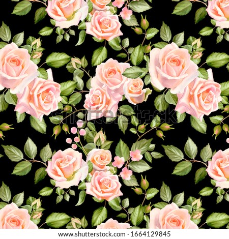 Watercolor floral seamless pattern with rose flowers and green leaves isolated on black background. Hand painted print for textile design and decoration.
