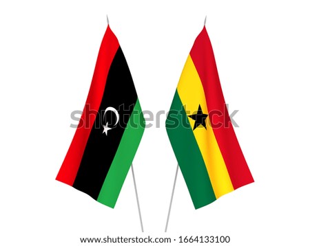 National fabric flags of Libya and Ghana isolated on white background. 3d rendering illustration.