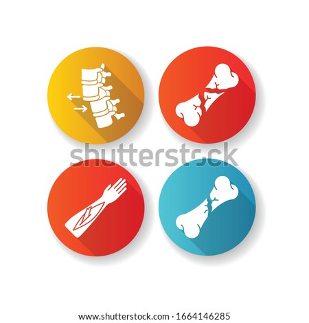 Body part injuries flat design long shadow glyph icons set. Spinal vertebra, spine dislocation. Open fracture. Broken bones. Medical condition. Accident. Treatment. Silhouette RGB color illustration