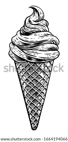 An ice cream cone in a vintage retro woodcut etching style