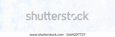 Soft blue sweet background with blurred snowflakes and flowers with blurred fade tone in panorama view.