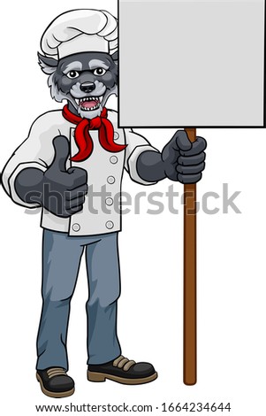 A wolf chef mascot cartoon character holding a sign board