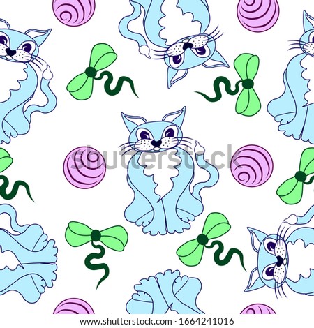 Blue cat with bows and balls pattern. 