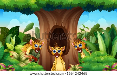 Hyenas cartoon playing under the hollow tree