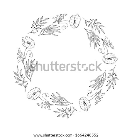 Hand drawn floral branch and herb wreath. Flourish wedding border for invitation card. Vector isolated rustic frame with flowers.