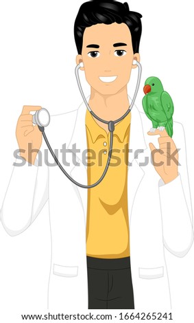 Illustration of an Avian Veterinarian Man Holding a Parrot and a Parrot Bird