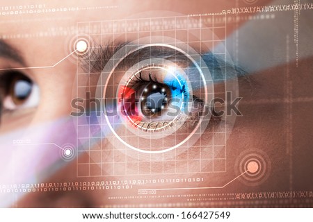 Modern cyber woman with technolgy eye looking Royalty-Free Stock Photo #166427549