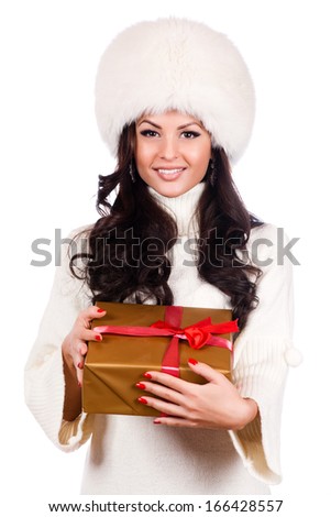 Fashion isolated woman portrait hold christmas gift.