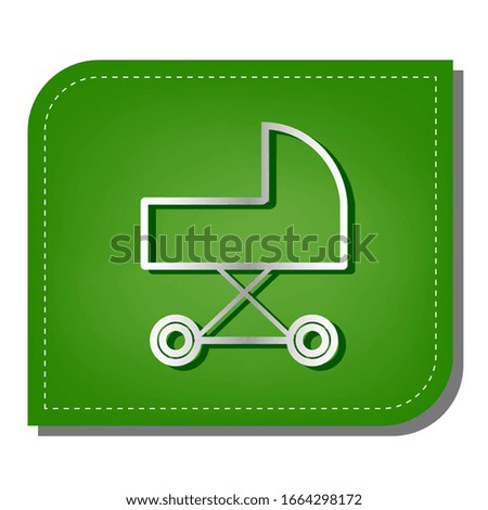 Pram sign illustration. Silver gradient line icon with dark green shadow at ecological patched green leaf. Illustration.