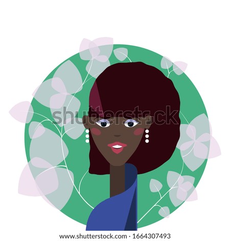 Portrait of a young black female character with flowers on the background. International Women’s Day concept. Design template for banners, posters, web, flyers, postcards. Flat vector illustration.
