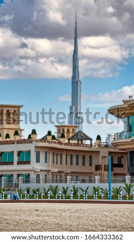 Modern skyline of Dubai from the beach, UAE.