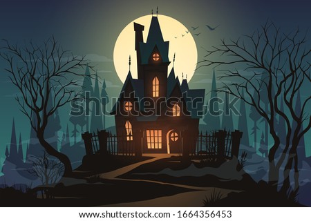Dark halloween house with moon Royalty-Free Stock Photo #1664356453