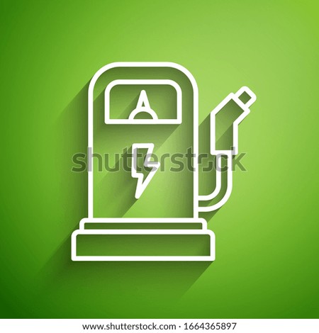 White line Electric car charging station icon isolated on green background. Eco electric fuel pump sign.  Vector Illustration