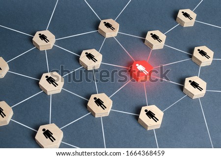 Red human figure in a network. Leader and leadership skills. Teamwork of a talented professional worker. Weak link, toxic worker. Security threat. Cooperation, collaboration. Spy. Employee replacement Royalty-Free Stock Photo #1664368459