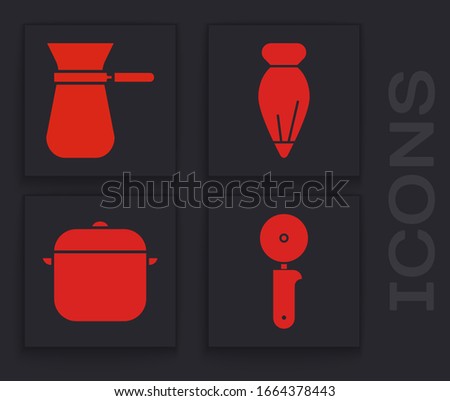 Set Pizza knife, Coffee turk, Pastry bag for decorate cakes and Cooking pot icon. Vector