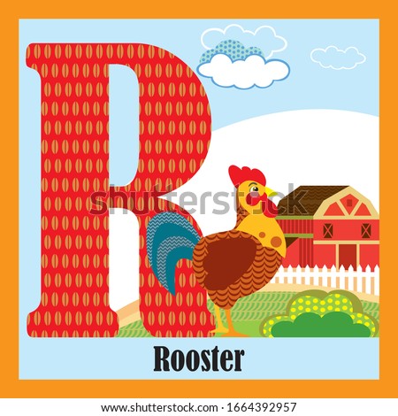 Vector cartoon flashcards of animal alphabet, letter R. Colorful cartoon illustration of letter R and rooster vector character. Bright colors zoo wildlife illustration. Cute flat cartoon style.