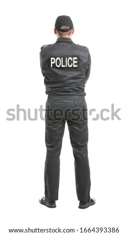 Male police officer on white background, back view