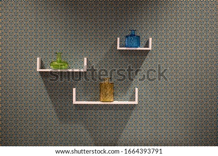 Beautiful modern three white shelves on an abstract wall, with decorative items, a beautiful vase. Comfort and interior design.