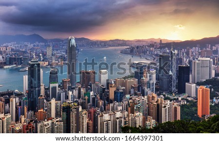 Dramatic sunrise of Hong Kong, China - panorama skyline