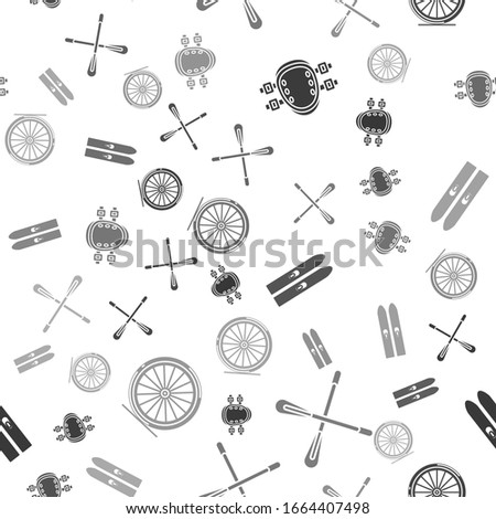 Set Knee pads, Crossed paddle, Ski and sticks and Bicycle wheel on seamless pattern. Vector