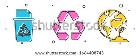 Set Recycle bin with recycle symbol, Recycle symbol and Earth globe and plant icon. Vector
