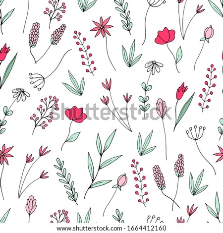 Decorative seamless pattern of pastel cute simple wildflowers in doodle style on a white background. Hand drawing. Tenderness. Vector stock illustration.