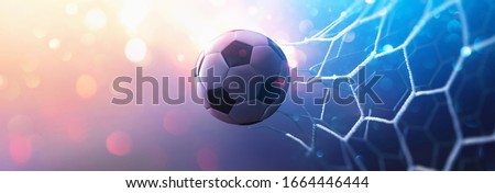 Soccer Ball in Goal on Multicolor Background Royalty-Free Stock Photo #1664446444