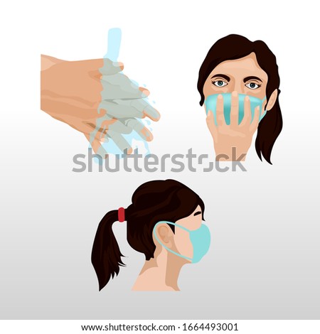 Washing hands and protective mask, Healthy of Male and Female wear protective mask against infectious diseases and flu. Health care concept. Vector Illustration isolated on white background
