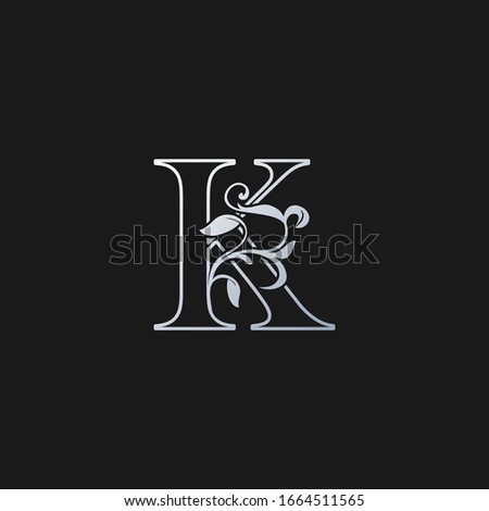 K Letter   Outline  Initial Nature Tropical Leaf logo Icon. Silver classy color logo icon vector design concept monogram vintage luxury.