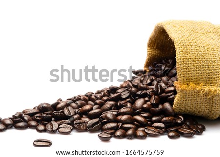 close-up cutout picture harmony of piled heap coffee beans roast dark brown colour textured and sack bag isolated on white backgrounds, Brazilian quality of huge grained beverage coffee energy drink