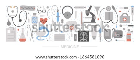 Vector horizontal layout set with medical equipment and tools. Medicine elements banner design. Cute funny health care, check or research card template