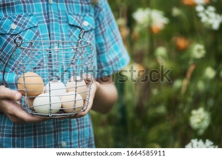 A person holding a basket of freshly laid hen's eggs, of varying colours.