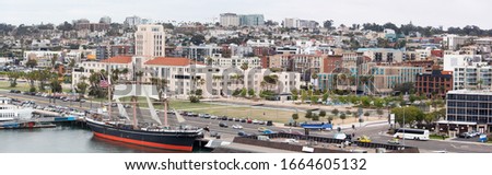 The panoramic view of San Diego downtown waterfront (California).