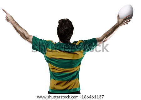 Rugby player in a green and gold uniform celebrating. White Background