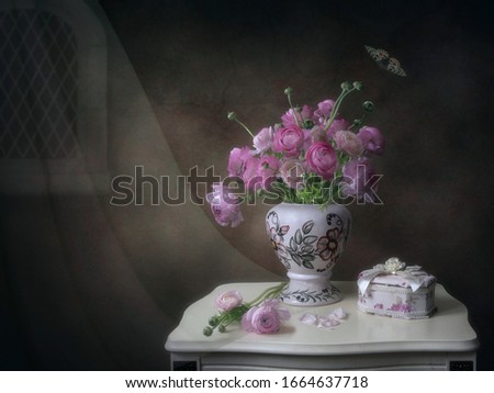 Still life with beautiful pink flowers in interior