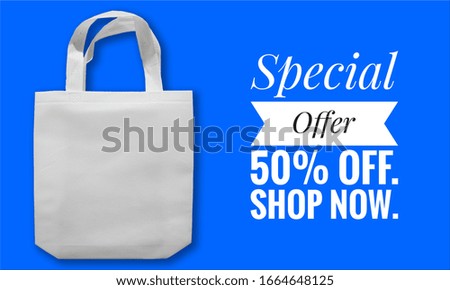 Special Offer UP TO 50% Off. Shop Now bag banner on blue color