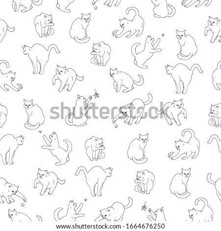 Seamless pattern based on hand drawn playful cats. Great for decor, surface design, postcards.