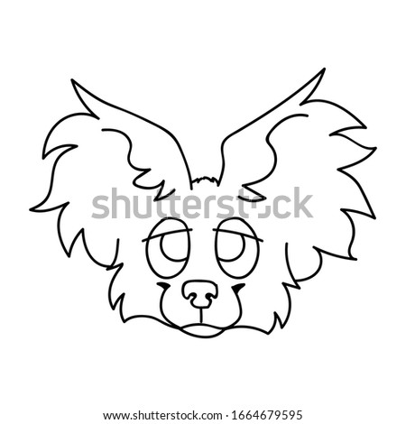 Cute cartoon papillon puppy dog face monochrome lineart vector clipart. Pedigree kennel breed for dog lovers. Purebred domestic puppy for pet parlor illustration. Isolated canine fluffy. EPS 10. 