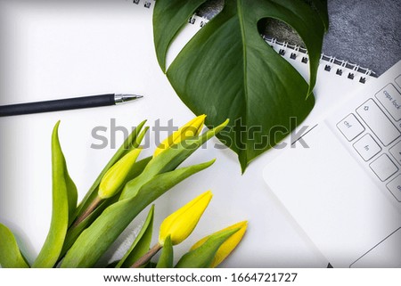 A large green leaf, a bunch of yellow tulips, a white notebook, pen and spiral notebook on a gray background.