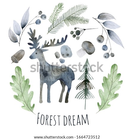 Cute forest watercolor symbols with woody landscape. Scandinavian decorative illustration. Forest set graphics: spruce, leaves, deer, mushroom, berries, needles. hildish texture for fabric