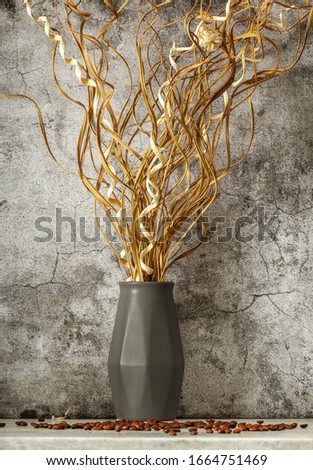 Mock up vertical wooden white frame for text on a gray background mock up with plants in a decorative vase vase. Design style. Text space.