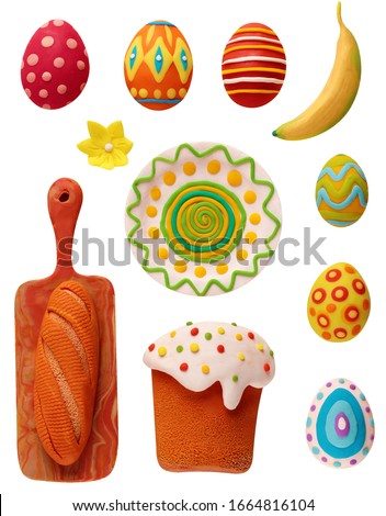 a set of objects - Easter, eggs, banana, a loaf of bread, what they take with them on a picnic, celebrating bright Sunday, molded from plasticine