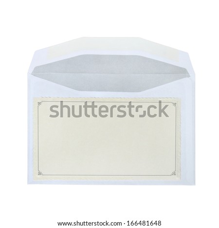 Postcard with blank space for text message lies on open envelope isolated on white background