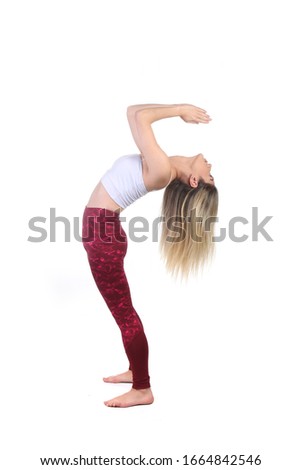 Beautiful blonde woman doing yoga exercise. Asanas, meditation and body care. Isolated on white background.
