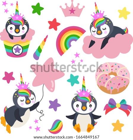 Set digital elements collection of cute unicorn penguin
