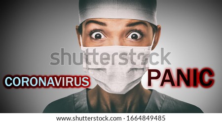 Coronavirus PANIC text title over scared doctor having corona virus epidemic fear wearing face mask as preventive protective measure for pandemic at hospital. Billboard sign funny medical concept. Royalty-Free Stock Photo #1664849485