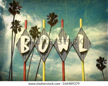  aged and worn vintage photo of neon bowling sign                            